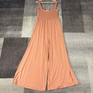Y2K Roxy Peach Smocked Wide Leg Jumpsuit Romper Gaucho Pants Women's Size XL